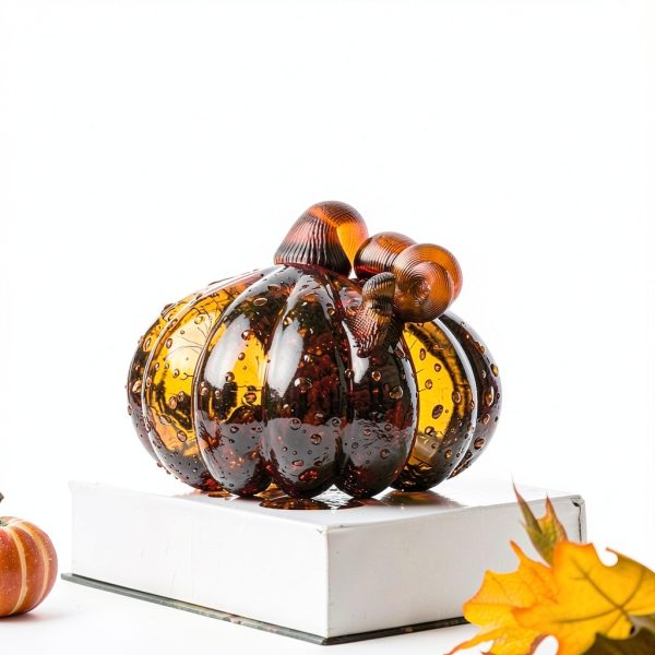 Glitzhome Hand Blown Glass Pumpkin Table Top Home Décor, 5.51", Amber-4